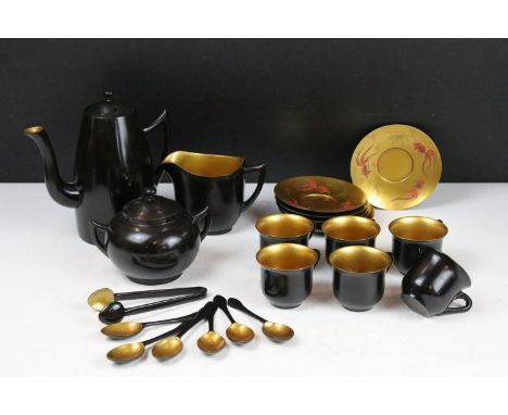 Chinese ' Shin Shao An Loong Kee ' Black Lacquer Coffee Set, all pieces with gilt interiors decorated with gold fish, compris