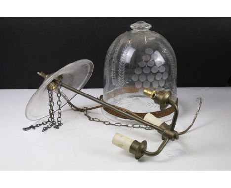 Early 20th century glass &amp; brass three-branch ceiling light fitting with a etched glass shade with wheat sheaf decoration
