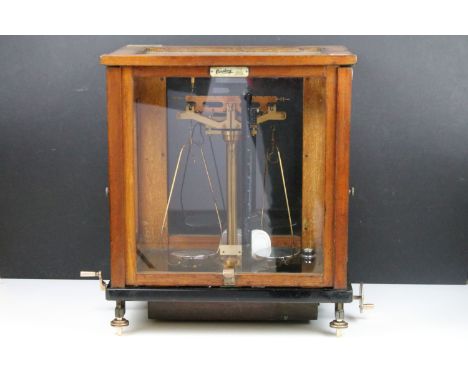 L. Oertling Ltd, London, model 48 G C, scientific balance scales, 42cm high x 36.5cm wide x 26.5cm deep 