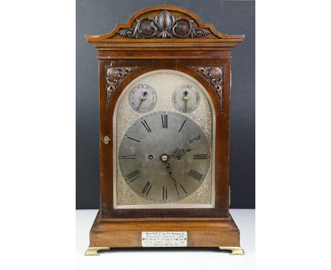 Early 20th century mahogany cased chiming mantel clock, the silvered dial with Roman numerals, with chime/silent and slow/fas
