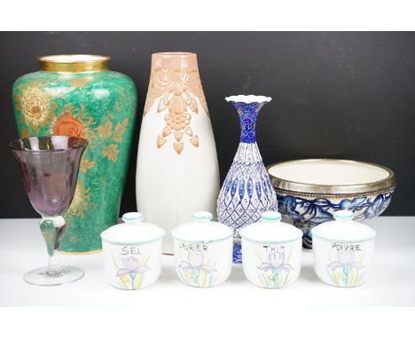 Group of mixed ceramics to include a 19th century footed bowl with silver plated rim, green ground Bavarian vase of tapering 