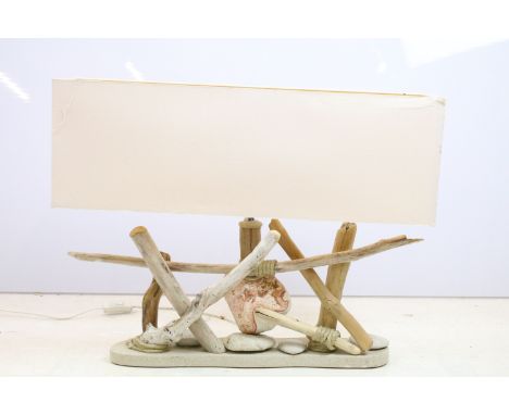 Beach themed table lamp made with driftwood and stones, with rectangular shade, approx 47cm high 