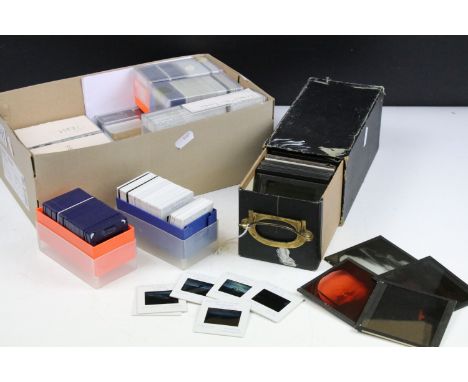 Collection of 35mm slides, mostly 1980's buses, trains &amp; Royal Mail post buses, together with a box of magic lantern slid