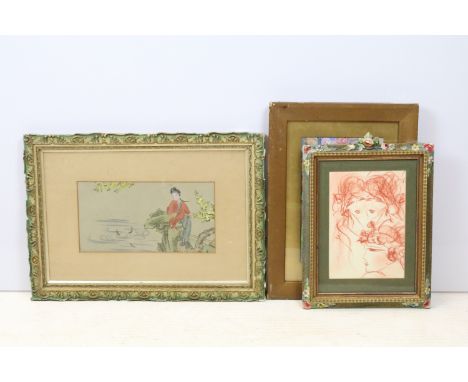 Three framed portrait studies to include: Art Deco ladies, masked ball figures and a Chinese lady watching koi carp 