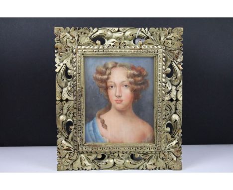 Giltwood pierced framed oil painting portrait of a Regency lady, 22.5 x 18.5cm 