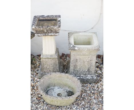 Reconstituted stone bird bath of square form, raised on a column support, measures approx 71cm high, together with a reconsti