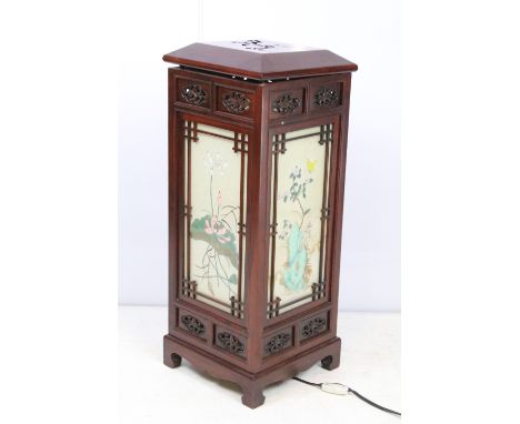 Chinese hardwood carved decorative light, with four glass panels each with painted paper scene, 72cm high x 28.5cm wide x 28.