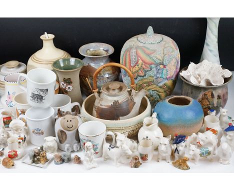 Mixed ceramics to include studio pottery, Poole Pottery, commemorative china, crested ware, etc, featuring a mottled ground j