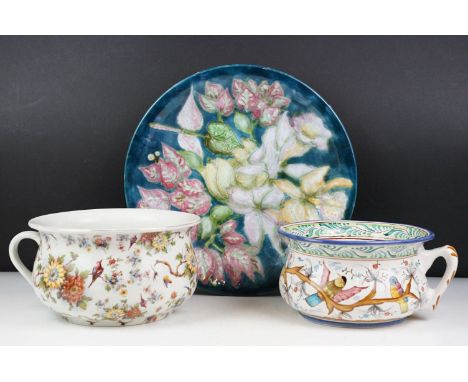 Portuguese ceramic chamber pot decorated with birds perched upon flowering branches (hand painted &amp; named to base), toget
