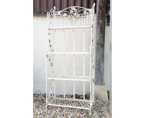 Four shelf metal garden plant stand with ornate flower decoration, approx 163cm high x 670cm wide 