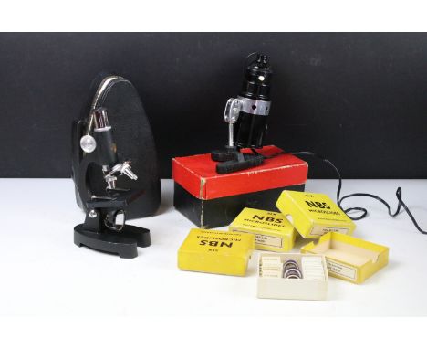 Childs microscope together with a light and a collection of glass microscope sample slides (the specimens including algae, in
