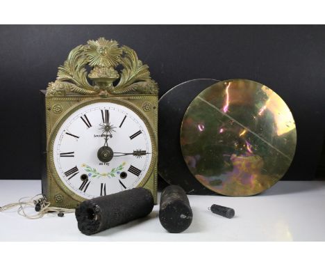 19th century French comtoise wall clock, the white enamel dial signed Louis Badoz, with pendulum &amp; weights. (Case measure