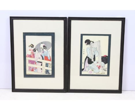 Pair of framed and glazed Japanese woodblock prints, portrait of a mother with infant, the other of ladies on a wooden bridge