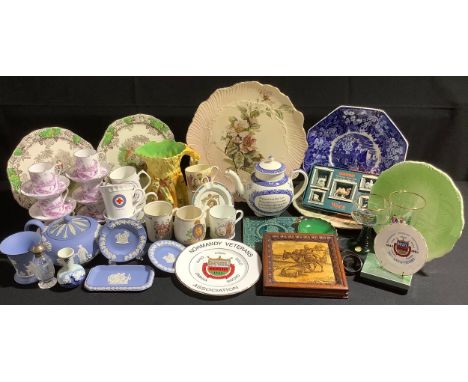 Ceramics - a set of six Royal Tuscan coffee cans and saucers; Godwin's tile with a portrait of Queen Victoria; Wade Whimsies 