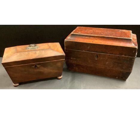 A large Georgian burr yew tea caddy; a Georgian mahogany caddy (2) 