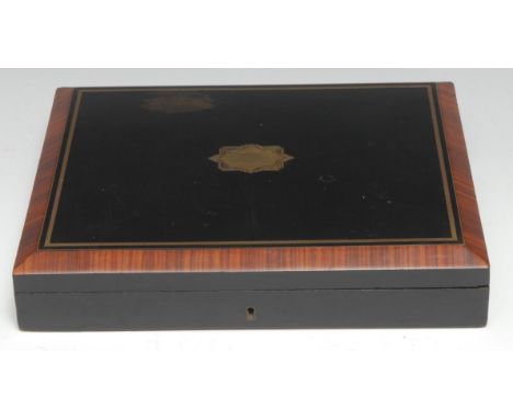 A 19th century kingwood and ebonised rectangular playing card box, hinged cover inlaid with a vacant cartouche and outlined w