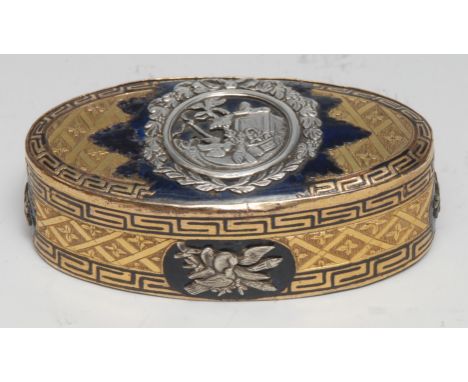 A19th century silver mounted gilt metal and enamel oval snuff box, applied with a tomb and triumphal regalia, 8.5cm wide, c.1