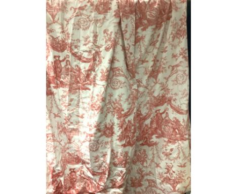 Textiles - a pair of pinch pleat Toile de Jouy interlined curtains, each 210cm drop, 75cm top, 195cm bottom 