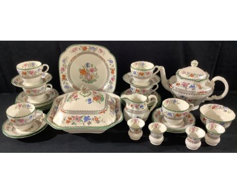 A Copeland Spode Chinese Rose pattern teapot, milk and sugar, teacups and saucers, tea plates, sandwich plate, vegetable dish