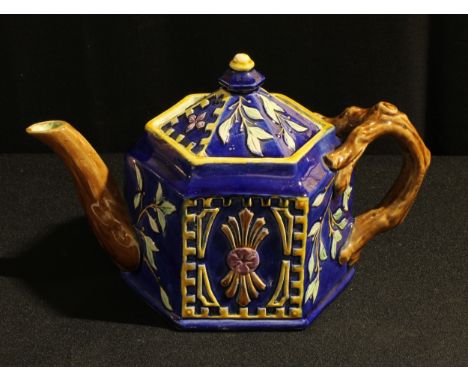 A Victorian Staffordshire Majolica hexagonal teapot 
