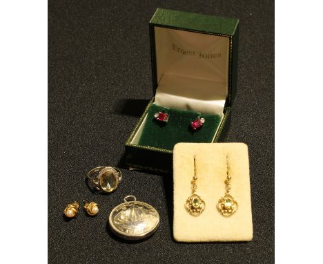 A pair of peridot drop earrings, set on 9ct gold;  a pair of ruby and diamond earrings;  others;  a dress ring;  etc 