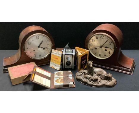 An oak Napoleon hat mantel clock, c.1930;  another;  a Duaflex camera;  a resin bronzed model of a Greyhound and pups;  etc 