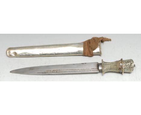 A 19th century Tibetan dagger, 23cm fullered blade, wire-bound grip, silver coloured metal pommel pierced and chased with lot