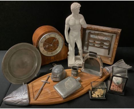 An Art Deco mantel clock;  a salmon serving board;  a chalk Michelangelo David;  pewter plate;  hip flask;  etc 