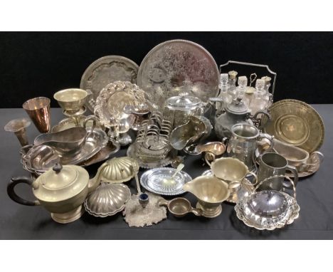 Plated Ware - a six bottle condiment set;  a glass and plated butter dish;  EPBM teapot;  etc 