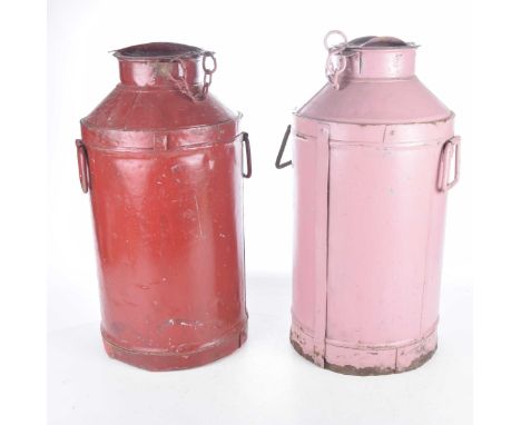 A pair of vintage painted milk churnsEach of cylindrical form, adorned with twin handles and lidded hinged cover and chain, p