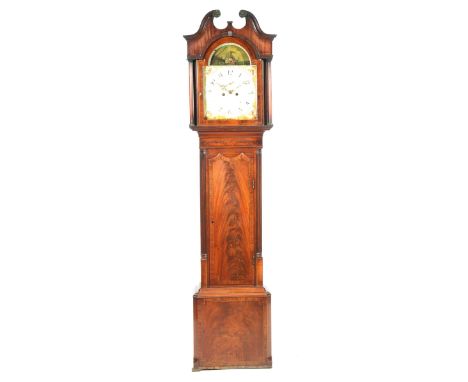 A George III mahogany cased eight day longcase clock
The hood with a twin swan neck pediment above a pair of tapering cylindr