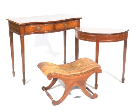 Two reproduction side tables and a foot stoolTo include a serpentine side table with two frieze drawers and brass inlay, rais