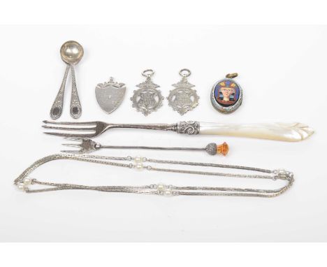 Three silver fobsEach hallmarked, together with, two mustard spoons, a thistle topped pickle fork a ocket and remaining items