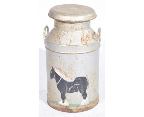 A large vintage painted milk churnThe galvanized metal churn of typical form with twin handles and overhanging lid, the centr