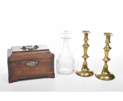 A group of mixed collectables
To include a 19th Century oak tea caddy of sarcophagus form with applied brass metal work, toge