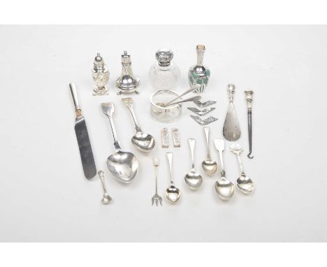 A collection of Georgian and later flatware and collectable items To include a Victorian Silver basting spoon, London, indist