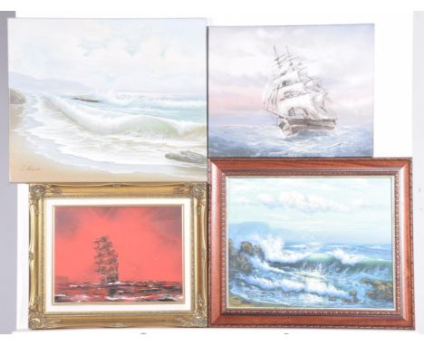 A collection of 20th Century maritime and seascape paintingsTo include two depicting masted trawler ships, one signed D. Deak