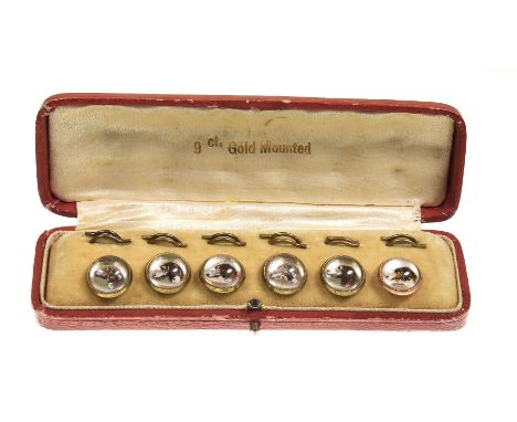 A set of six reverse painted intaglio buttonsOf circular form, each button depicting a hunting, 9k gold plated, cased