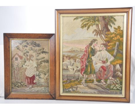 Two 19th Century tapestry picturesOne of a shepherd and his lover, the other of a young lady in cottage garden, both framed a