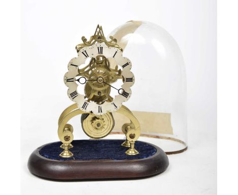 A brass skeleton timepieceWith anchor escapement and single fusee movement, lobed dial with Roman numerals, standing on a woo