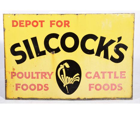 A rare vintage Silcock's's enamel signOf rectangular form, the yellow painted sign with text "Depot for Silcock's poultry foo