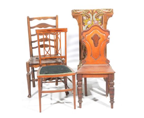 Four assorted chairsTo include a Victorian walnut prayer chair with a tapestry work back and seat raised on ring turned legs,