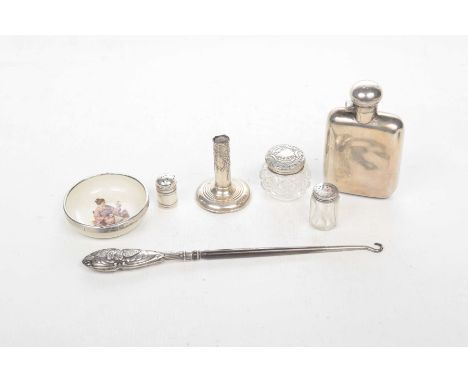 A small collection of Silver collectable items To include a hip flask, Silver handled button hook, small lidded dressing tabl