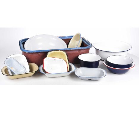 A large quantity of various vintage French enamel kitchenwareTo include a large turkey roasting tin painted blue and red, tog