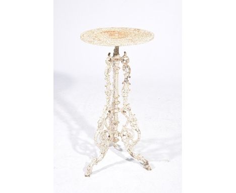 A white painted cast iron occasional tableThe scrolling tripod base raised from three hooves supports extending to a knopped 