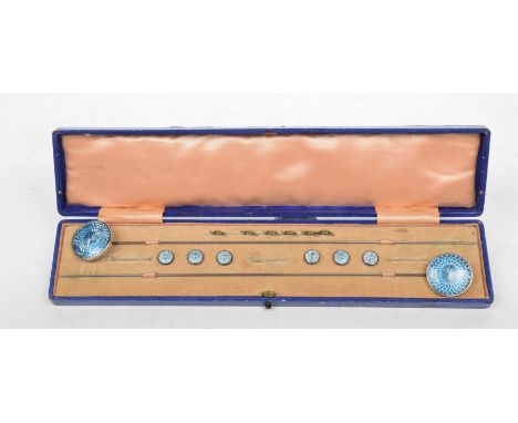 A mid 20th Century cased hat pin and button set To include six buttons and two matching hat pins with circular turquoise foil