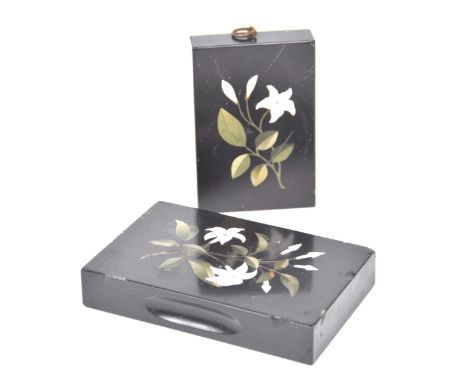 Two pietra dura inlaid marble items To include a rectangular wall plaque decorated with white flowers on tendril base togethe