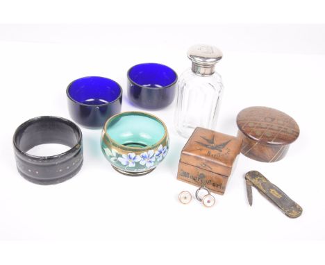 A mixed group of collectablesTo include a pair of Bristol blue glass liners, a small green glass pin dish, a London silver ha