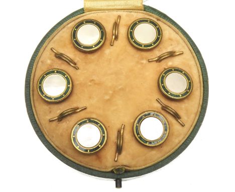 A set of six enamel and mother of pearl buttonsTo a green circular case (6)