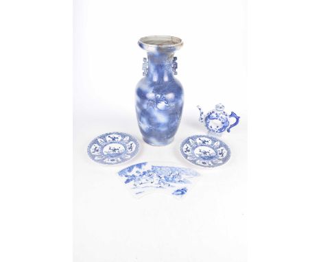 A collection of blue and white Chinese ceramicsTo include a large baluster form vase with traditional scroll handles decorate